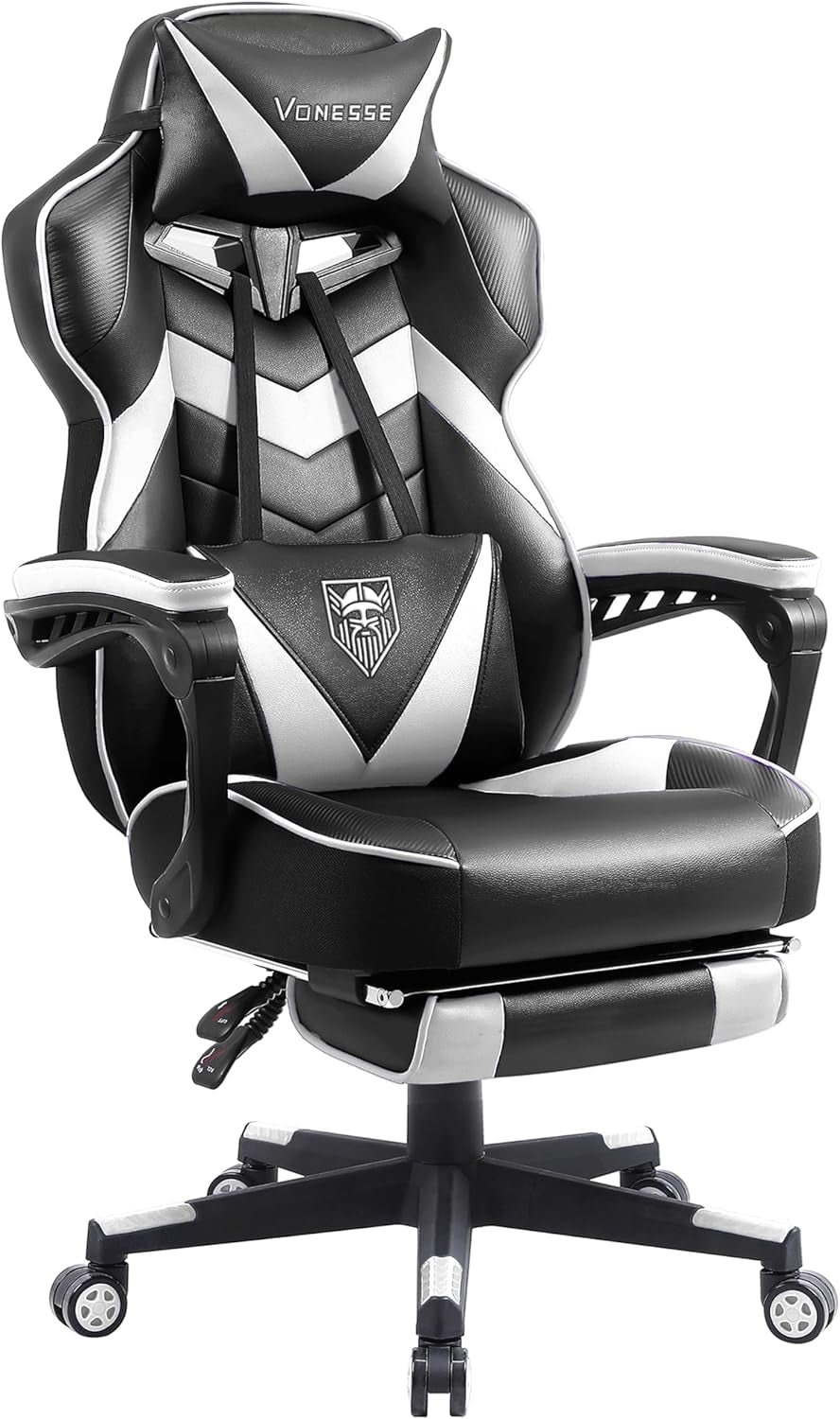 Gaming Chair with Footrest,Computer Chair for High Back and Massage,Big and Tall Gaming Chairs for Adults,Reclining Gamer Chair(Black/White)